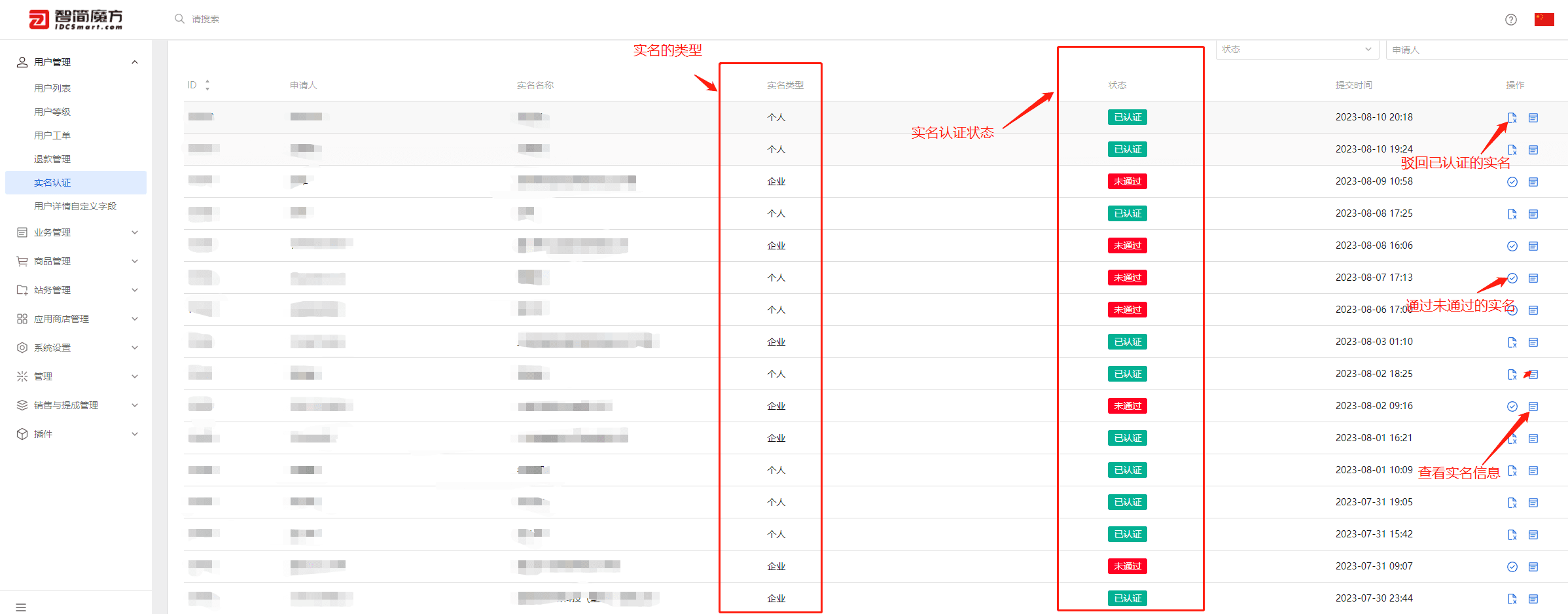 可对用户认证信息进行查看，通过，驳回操作界面截图