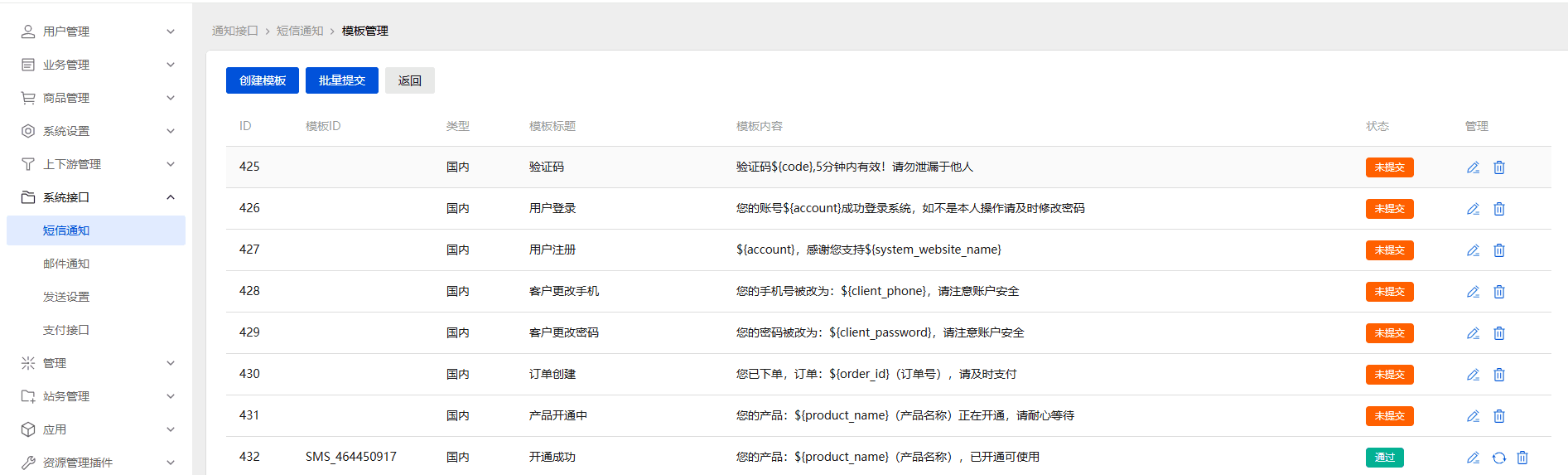 配置好短信接口后,点击第二个按钮对模板进行管理界面截图