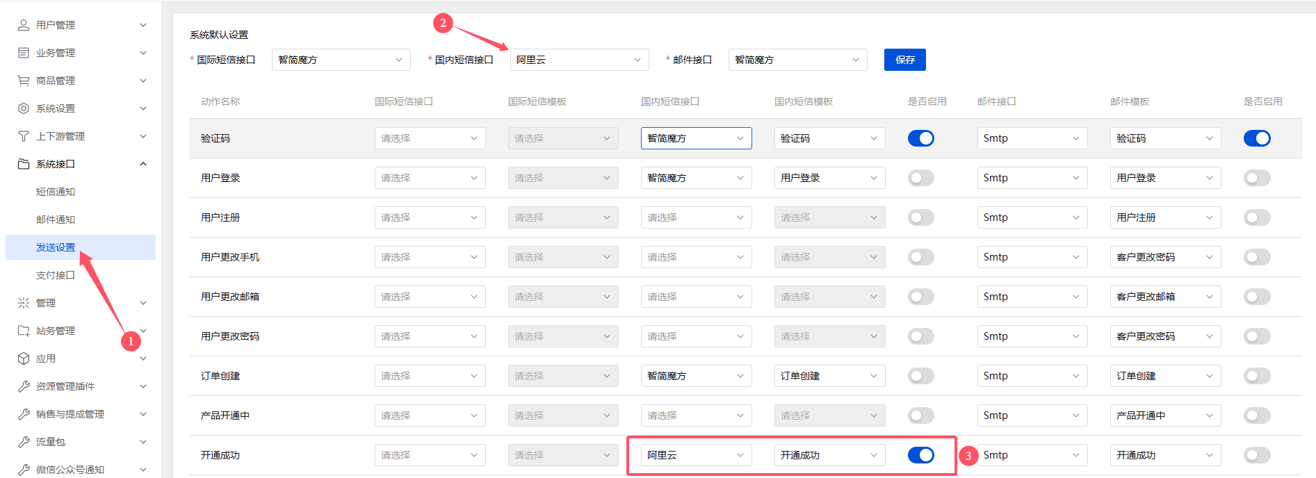 进入发送设置,我们系统默认设置国内短信接口选择阿里云界面截图