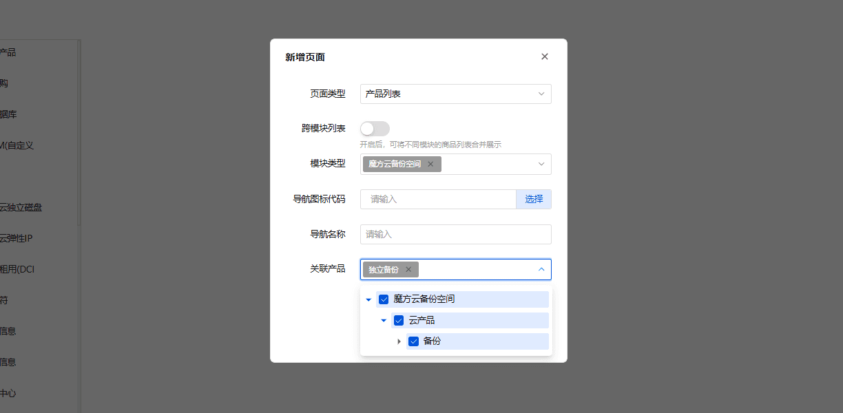 进入后台应用导航设置页面，打开【新增页面】弹窗界面截图