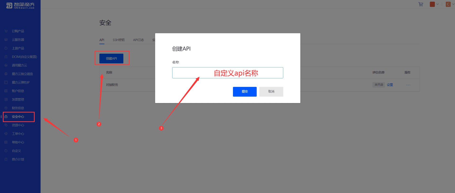 ①创建 API ②输入名称 ③复制 token，私钥界面截图