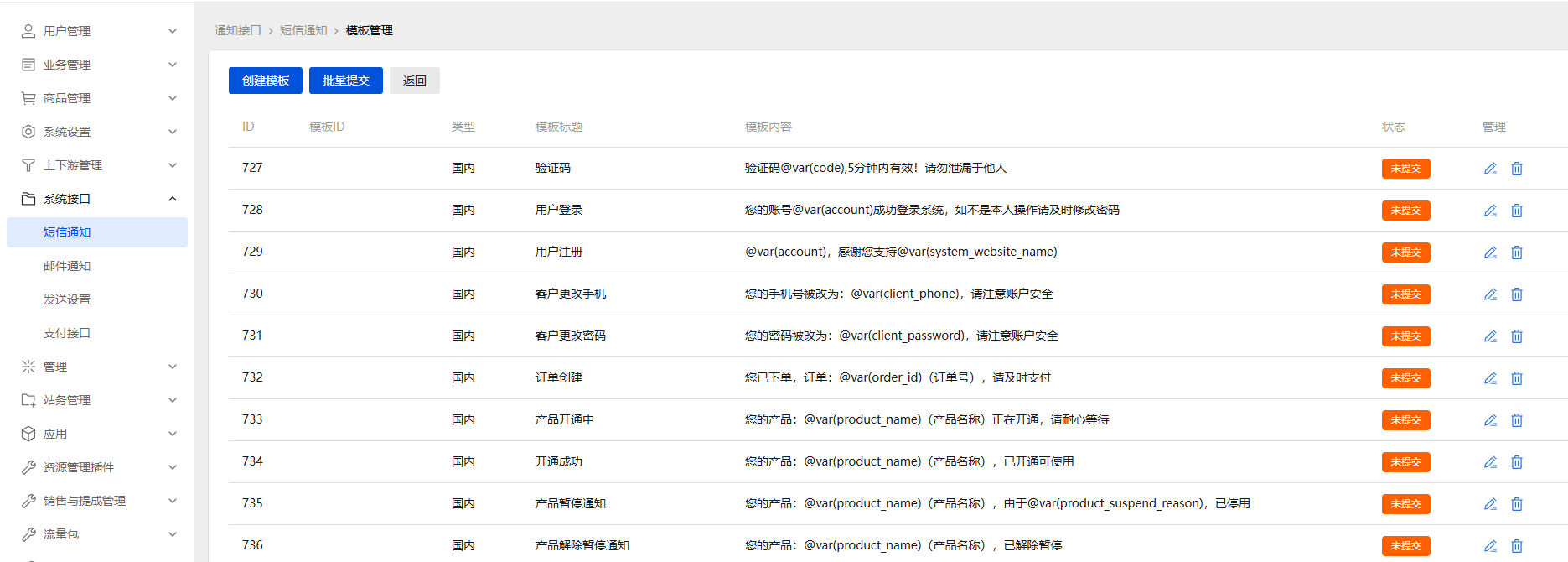 配置好短信接口后，点击第二个按钮对模板进行管理界面截图