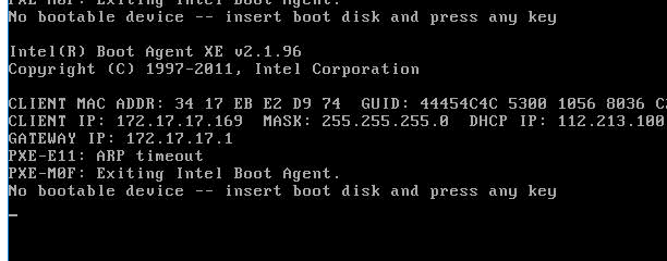 pxe 启动获取到了 ip，提示 arp timeout界面截图