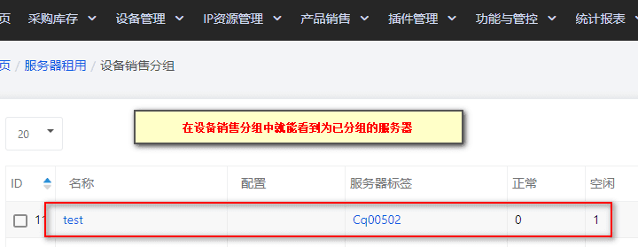 ③在设备销售分组中就能看到为已分组的服务器界面截图