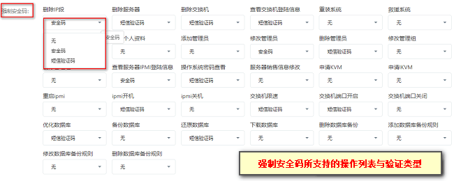 在【强制安全码】栏中提供部分操作可支持该功能，并有三种验证类型供其使用界面截图