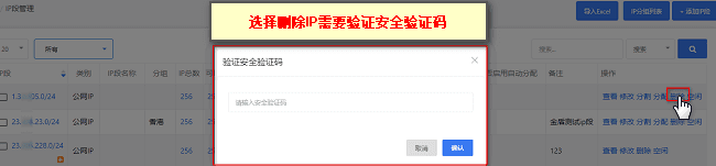 例：如删除 IP 段设置了安全码界面截图