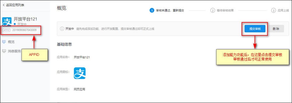 3 功能添加完成后，需要对创建的应用提交审核界面截图