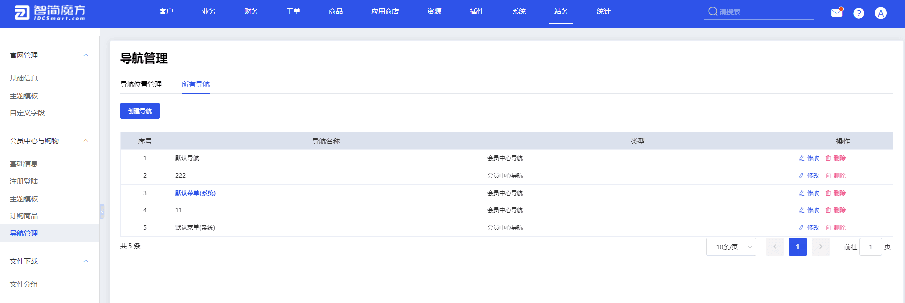 进入【站务】--【导航管理】，点击所有导航进入导航列表页界面截图