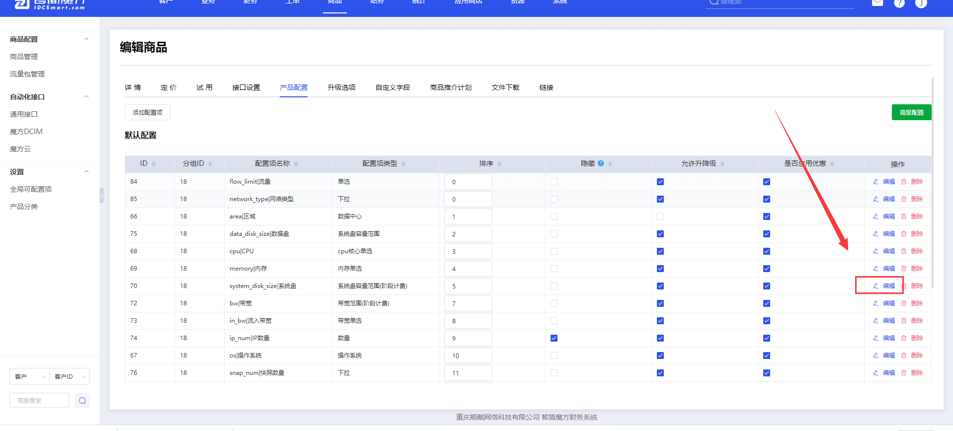 步骤一、编辑商品产品配置页面界面截图