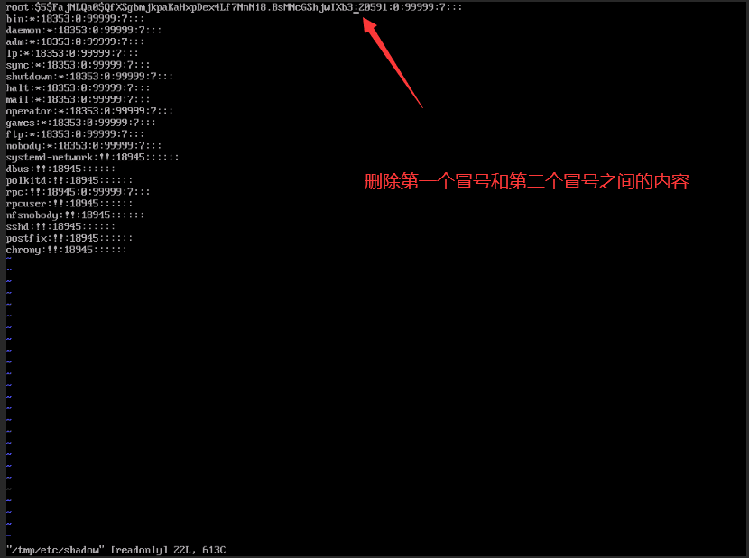 常见 linux 发行版的密码存放文件为/etc/shadow界面截图