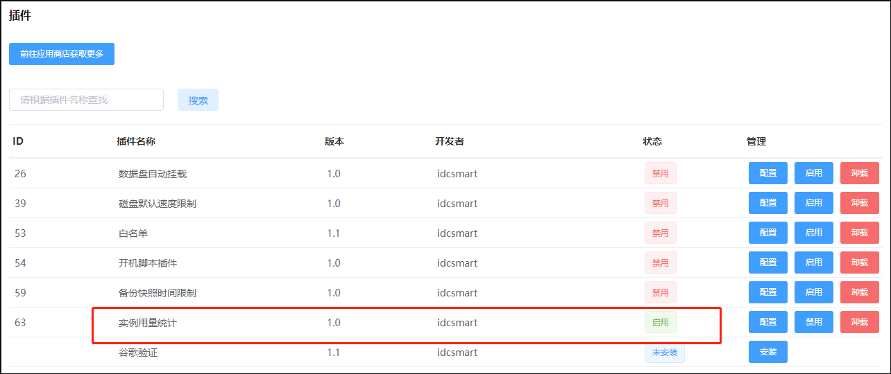 魔方云后台，更新授权码，再到系统设置-插件列表，安装实例用量统计插件界面截图