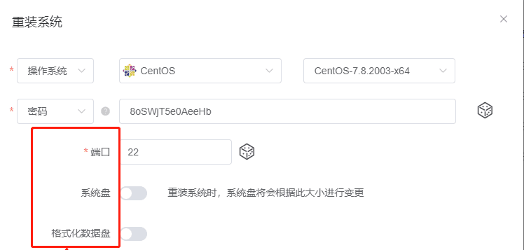 可以更改实例的端口号、对系统盘容量大小进行调整、格式化数据盘界面截图