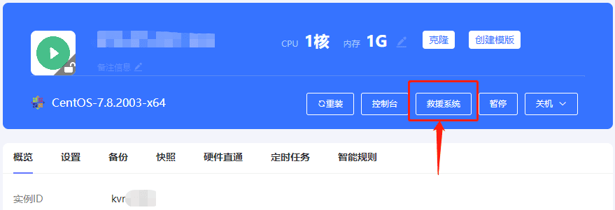 进入实例列表页面，点击需要进入救援系统实例的主机名界面截图