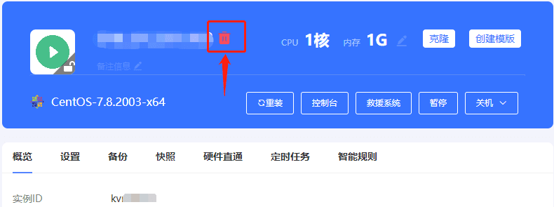 进入实例列表页面，点击需要删除实例的主机名界面截图