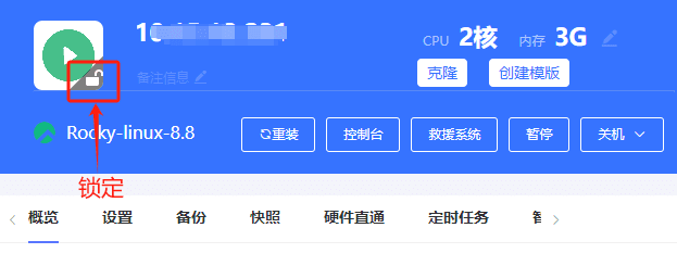 进入实例列表页面，点击实例的主机名，进入实例内页，点击锁定图标界面截图