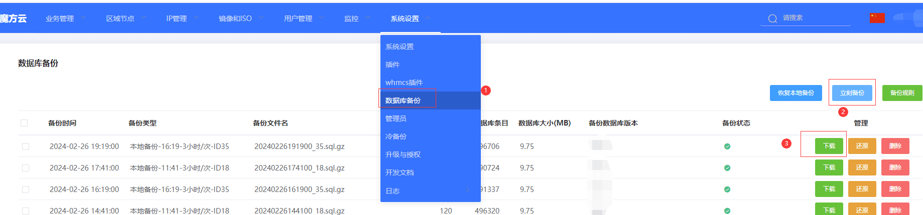 获取方式一：web 面板，手动备份，手动下载（适用于常规情况）界面截图