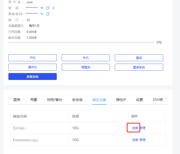 也可以进入云主机内页，直接将独立磁盘挂载到云主机界面截图