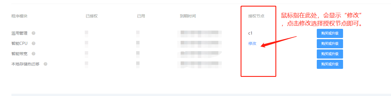 ③购买后需要在程序模块区域，点击购买相对应的服务功能右侧“授权节点”界面截图