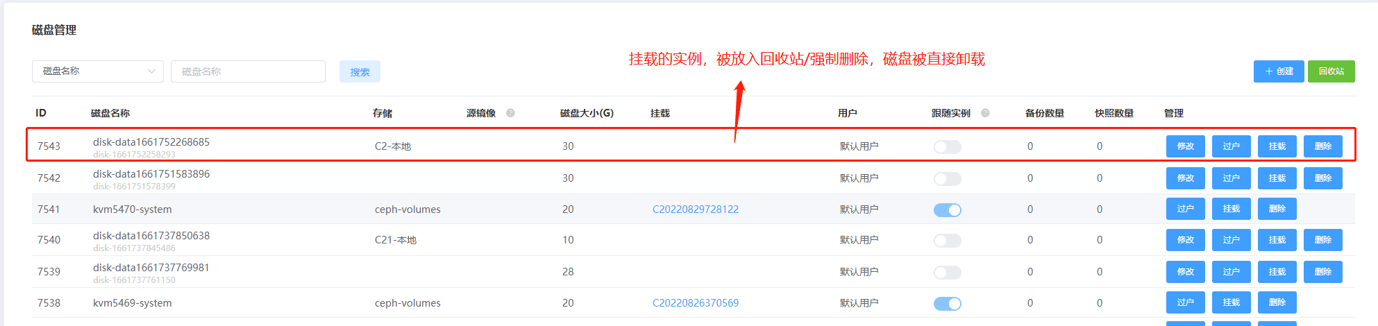（情况 2）磁盘产品已挂载情况：删除实例（放入回收相关操作界面截图