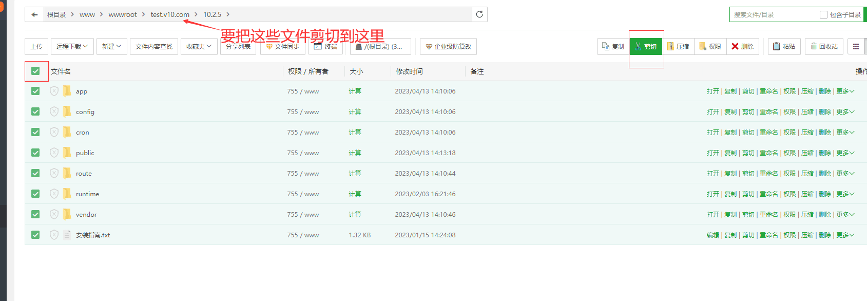 将解压出来的所有文件和文件夹,剪切到网站根目录界面截图