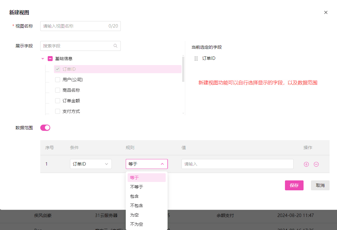 \视图功能:\可以选择显示的视图,以及新建视图界面截图